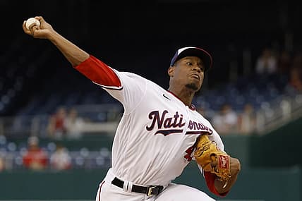 Aug 15, 2022; Washington, District of Columbia, USA; Washington Nationals starting pitcher Josiah Gray (40) pitches against the Chicago Cubs during the first inning at Nationals Park. Mandatory Credit: Geoff Burke-USA TODAY Sports