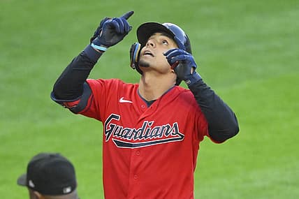 Aug 15, 2022; Cleveland, Ohio, USA; Cleveland Guardians second baseman Andres Gimenez (0) celebrates his two-run home run in the fourth inning against the Detroit Tigers at Progressive Field. Mandatory Credit: David Richard-USA TODAY Sports