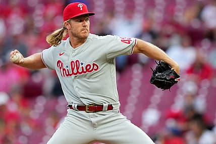Philadelphia Phillies starting pitcher Noah Syndergaard (43) delivers a pitch in the third inning of a baseball game against the Cincinnati Reds, Monday, Aug. 15, 2022, at Great American Ball Park in Cincinnati.

Philadelphia Phillies At Cincinnati Reds Aug 15 5902
