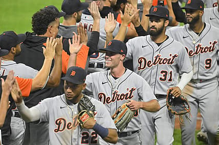 Aug 15, 2022; Cleveland, Ohio, USA; Detroit Tigers players celebrate a win over the Cleveland Guardians at Progressive Field. Mandatory Credit: David Richard-USA TODAY Sports