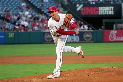 Aug 15, 2022; Anaheim, California, USA;  Los Angeles Angels starting pitcher Shohei Ohtani (17) delivers a pitch in the second inning against the Seattle Mariners at Angel Stadium. Mandatory Credit: Kirby Lee-USA TODAY Sports