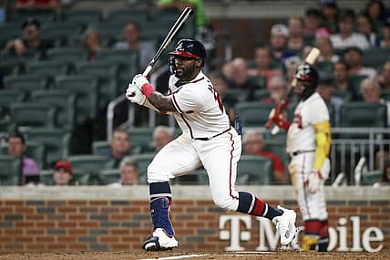 Aug 15, 2022; Atlanta, Georgia, USA; Atlanta Braves center fielder Michael Harris II (23) hits a RBI single against the New York Mets in the sixth inning at Truist Park. Mandatory Credit: Brett Davis-USA TODAY Sports
