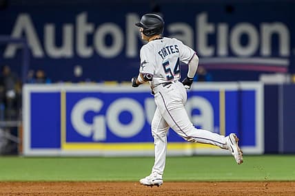Aug 16, 2022; Miami, Florida, USA; Miami Marlins catcher Nick Fortes (54) rounds the bases after hitting a home run during the second inning against the San Diego Padres at loanDepot Park. Mandatory Credit: Sam Navarro-USA TODAY Sports