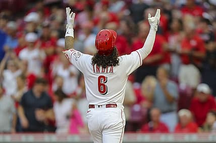 Aug 16, 2022; Cincinnati, Ohio, USA; Cincinnati Reds second baseman Jonathan India (6) reacts after hitting a solo home run in the third inning against the Philadelphia Phillies at Great American Ball Park. Mandatory Credit: Katie Stratman-USA TODAY Sports