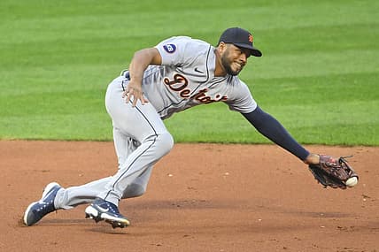 Aug 16, 2022; Cleveland, Ohio, USA; Detroit Tigers third baseman Jeimer Candelario (46) reaches for the ball on a base hit in the third inning against the Cleveland Guardians at Progressive Field. Mandatory Credit: David Richard-USA TODAY Sports