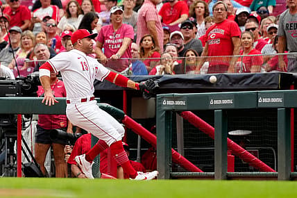 Cincinnati Reds first baseman Joey Votto (19) chases a ball into foul territory in the second inning of the MLB National League game between the Cincinnati Reds and the Philadelphia Phillies at Great American Ball Park in downtown Cincinnati on Tuesday, Aug. 16, 2022.

Philadelphia Phillies At Cincinnati Reds