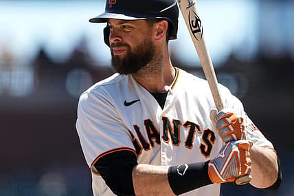 Aug 14, 2022; San Francisco, California, USA; San Francisco Giants first baseman Brandon Belt (9) bats during the first inning against the Pittsburgh Pirates at Oracle Park. Mandatory Credit: Darren Yamashita-USA TODAY Sports
