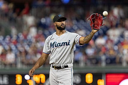 Aug 10, 2022; Philadelphia, Pennsylvania, USA; Miami Marlins starting pitcher Sandy Alcantara (22) pitches against the Philadelphia Phillies at Citizens Bank Park. Mandatory Credit: Bill Streicher-USA TODAY Sports