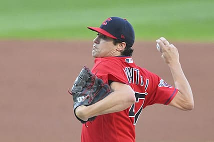Aug 17, 2022; Cleveland, Ohio, USA; Cleveland Guardians starting pitcher Cal Quantrill (47) delivers a pitch in the second inning against the Detroit Tigers at Progressive Field. Mandatory Credit: David Richard-USA TODAY Sports