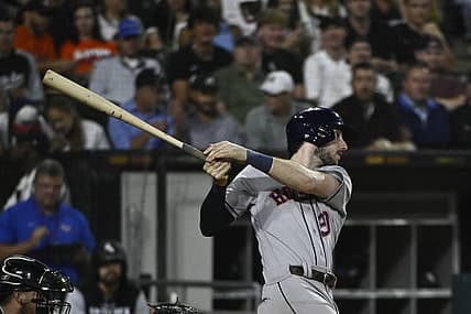Aug 17, 2022; Chicago, Illinois, USA;  Houston Astros right fielder Kyle Tucker (30) hits a double against the Chicago White Sox during the fourth inning at Guaranteed Rate Field. Mandatory Credit: Matt Marton-USA TODAY Sports