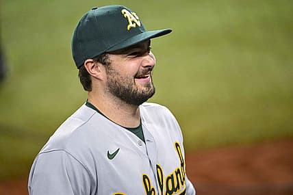 Aug 17, 2022; Arlington, Texas, USA; Oakland Athletics designated hitter Shea Langeliers (23) smiles to the fans after the victory over the Texas Rangers at Globe Life Field. Mandatory Credit: Jerome Miron-USA TODAY Sports