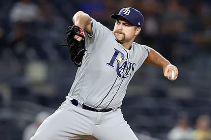 Aug 17, 2022; Bronx, New York, USA; Tampa Bay Rays relief pitcher Jalen Beeks (68) pitches against the New York Yankees during the tenth inning at Yankee Stadium. Mandatory Credit: Brad Penner-USA TODAY Sports