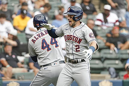 Aug 18, 2022; Chicago, Illinois, USA; Houston Astros third baseman Alex Bregman (2) celebrates with designated hitter Yordan Alvarez (44) after hitting a two-run home run against the Chicago White Sox during the fourth inning at Guaranteed Rate Field. Mandatory Credit: Kamil Krzaczynski-USA TODAY Sports