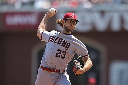 Aug 18, 2022; San Francisco, California, USA; Arizona Diamondbacks starting pitcher Zac Gallen (23) throws a pitch during the first inning against the San Francisco Giants at Oracle Park. Mandatory Credit: Sergio Estrada-USA TODAY Sports