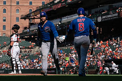 Aug 18, 2022; Baltimore, Maryland, USA; Chicago Cubs catcher Willson Contreras (40) is congratulated after hitting a home run in the sixth inning against the Baltimore Orioles at Oriole Park at Camden Yards. Mandatory Credit: Jessica Rapfogel-USA TODAY Sports