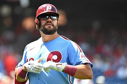 Aug 7, 2022; Philadelphia, Pennsylvania, USA;  Philadelphia Phillies left fielder Kyle Schwarber (12) against the Washington Nationals at Citizens Bank Park. Mandatory Credit: Eric Hartline-USA TODAY Sports