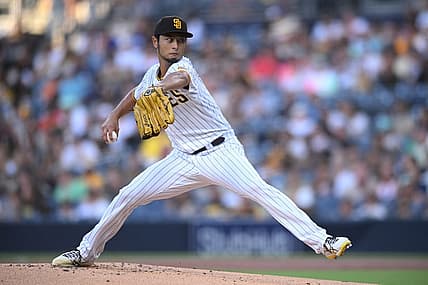 Aug 18, 2022; San Diego, California, USA; San Diego Padres starting pitcher Yu Darvish (11) throws a pitch against the Washington Nationals during the first inning at Petco Park. Mandatory Credit: Orlando Ramirez-USA TODAY Sports