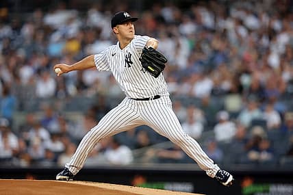 Aug 19, 2022; Bronx, New York, USA; New York Yankees starting pitcher Jameson Taillon (50) pitches against the Toronto Blue Jays during the first inning at Yankee Stadium. Mandatory Credit: Brad Penner-USA TODAY Sports
