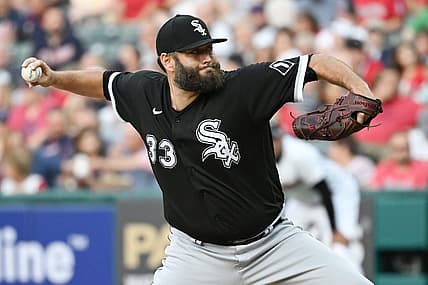 Aug 19, 2022; Cleveland, Ohio, USA; Chicago White Sox starting pitcher Lance Lynn (33) throws a pitch during the first inning against the Cleveland Guardians at Progressive Field. Mandatory Credit: Ken Blaze-USA TODAY Sports