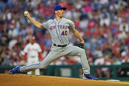 Aug 19, 2022; Philadelphia, Pennsylvania, USA; New York Mets pitcher Chris Bassitt (40) delivers a pitch against the Philadelphia Phillies during the first inning at Citizens Bank Park. Mandatory Credit: Gregory Fisher-USA TODAY Sports