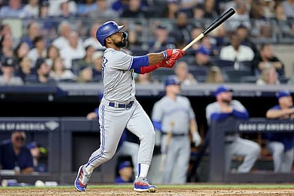 Aug 19, 2022; Bronx, New York, USA; Toronto Blue Jays right fielder Teoscar Hernandez (37) watches his two run home run against the New York Yankees during the fourth inning at Yankee Stadium. Mandatory Credit: Brad Penner-USA TODAY Sports