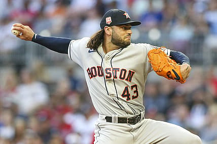 Aug 19, 2022; Atlanta, Georgia, USA; Houston Astros starting pitcher Lance McCullers Jr. (43) throws against the Atlanta Braves in the first inning at Truist Park. Mandatory Credit: Brett Davis-USA TODAY Sports
