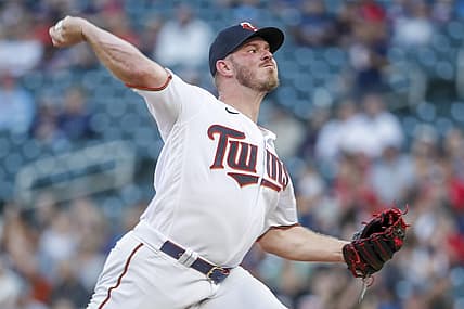 Aug 19, 2022; Minneapolis, Minnesota, USA; Minnesota Twins starting pitcher Dylan Bundy (37) throws to the Texas Rangers in the first inning at Target Field. Mandatory Credit: Bruce Kluckhohn-USA TODAY Sports