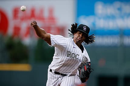 Aug 19, 2022; Denver, Colorado, USA; Colorado Rockies starting pitcher Jose Urena (51) pitches in the first inning against the San Francisco Giants at Coors Field. Mandatory Credit: Isaiah J. Downing-USA TODAY Sports