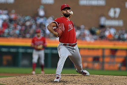 Aug 19, 2022; Detroit, Michigan, USA; Los Angeles Angels starting pitcher Patrick Sandoval (43) throws a pitch against the Detroit Tigers in the fourth inning at Comerica Park. Mandatory Credit: Lon Horwedel-USA TODAY Sports
