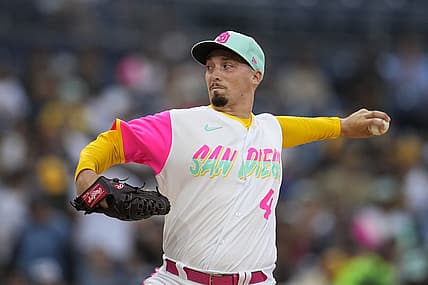 Aug 19, 2022; San Diego, California, USA;  San Diego Padres starting pitcher Blake Snell (4) pitches against the Washington Nationals during the first inning at Petco Park. Mandatory Credit: Ray Acevedo-USA TODAY Sports