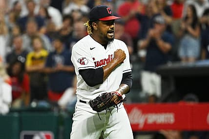 Aug 19, 2022; Cleveland, Ohio, USA; Cleveland Guardians relief pitcher Emmanuel Clase (48) celebrates after striking out Chicago White Sox shortstop Elvis Andrus (not pictured) to end the game at Progressive Field. Mandatory Credit: Ken Blaze-USA TODAY Sports