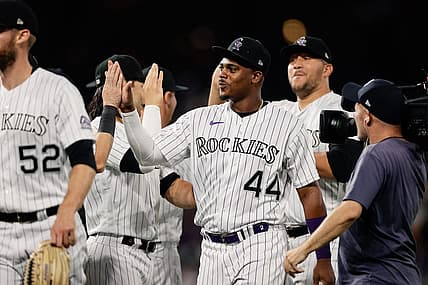 Aug 19, 2022; Denver, Colorado, USA; Colorado Rockies designated hitter Elehuris Montero (44) celebrates with teammates after the game against the San Francisco Giants at Coors Field. Mandatory Credit: Isaiah J. Downing-USA TODAY Sports