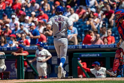Aug 20, 2022; Philadelphia, Pennsylvania, USA; New York Mets second baseman Jeff McNeil (1) scores on a two RBI single by New York Mets catcher Michael Perez (not pictured) against the Philadelphia Phillies during the fifth inning at Citizens Bank Park. Mandatory Credit: John Jones-USA TODAY Sports