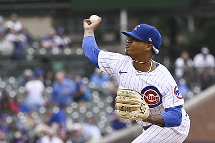 Aug 20, 2022; Chicago, Illinois, USA; Chicago Cubs starting pitcher Marcus Stroman (0) delivers against the Milwaukee Brewers during the first inning at Wrigley Field. Mandatory Credit: Matt Marton-USA TODAY Sports