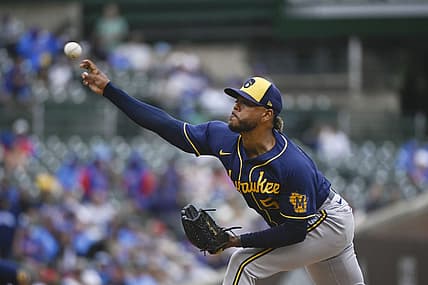 Aug 20, 2022; Chicago, Illinois, USA; Milwaukee Brewers center fielder Tyrone Taylor (15) delivers against the Chicago Cubs during the first inning at Wrigley Field. Mandatory Credit: Matt Marton-USA TODAY Sports