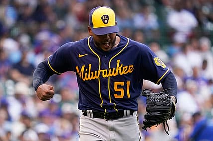 Milwaukee Brewers starting pitcher Freddy Peralta reacts as he walks to the dugout after the fifth inning of a baseball game against the Chicago Cubs in Chicago, Saturday, Aug. 20, 2022.

Freddy Peralta