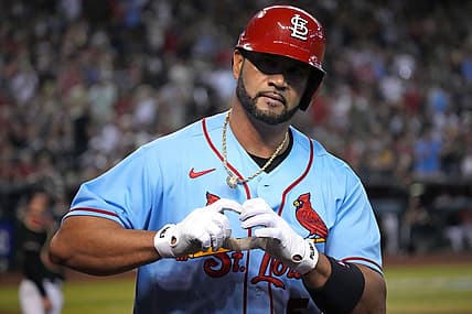 Aug 20, 2022; Phoenix, Arizona, USA; St. Louis Cardinals designated hitter Albert Pujols (5) celebrates after hitting a solo home run against the Arizona Diamondbacks during the fourth inning at Chase Field. Mandatory Credit: Joe Camporeale-USA TODAY Sports