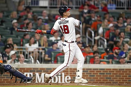 Aug 20, 2022; Atlanta, Georgia, USA; Atlanta Braves second baseman Vaughn Grissom (18) hits a home run against the Houston Astros in the fifth inning at Truist Park. Mandatory Credit: Brett Davis-USA TODAY Sports