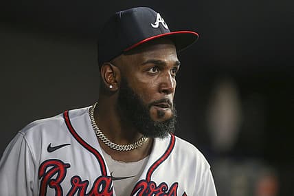 Aug 20, 2022; Atlanta, Georgia, USA; Atlanta Braves designated hitter Marcell Ozuna (20) in the dugout against the Houston Astros in the sixth inning at Truist Park. Mandatory Credit: Brett Davis-USA TODAY Sports