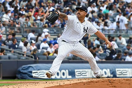 Aug 21, 2022; Bronx, New York, USA; New York Yankees starting pitcher Nestor Cortes (65) throws a pitch during the second inning against the Toronto Blue Jays during the game at Yankee Stadium. Mandatory Credit: Dennis Schneidler-USA TODAY Sports