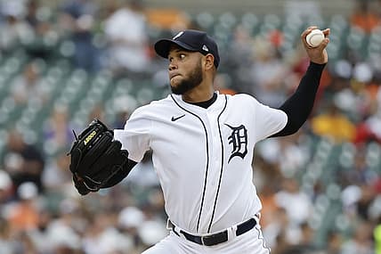 Aug 21, 2022; Detroit, Michigan, USA; Detroit Tigers pitcher Eduardo Rodriguez (57) pitches in the first inning against the Los Angeles Angels at Comerica Park. Mandatory Credit: Rick Osentoski-USA TODAY Sports