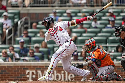 Aug 21, 2022; Cumberland, Georgia, USA; Atlanta Braves left fielder Marcell Ozuna (20) strikes out against the Houston Astros during the second inning at Truist Park. Mandatory Credit: Dale Zanine-USA TODAY Sports