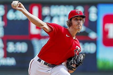 Aug 21, 2022; Minneapolis, Minnesota, USA; Minnesota Twins starting pitcher Joe Ryan (41) throws to the Texas Rangers in the first inning at Target Field. Mandatory Credit: Bruce Kluckhohn-USA TODAY Sports