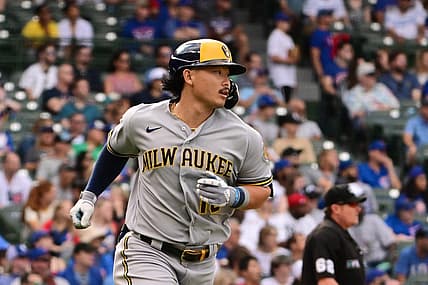 Aug 21, 2022; Chicago, Illinois, USA; Milwaukee Brewers designated hitter Keston Hiura (18) hits a two run home run in the ninth inning against the Chicago Cubs at Wrigley Field. Mandatory Credit: Quinn Harris-USA TODAY Sports