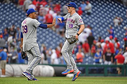Aug 21, 2022; Philadelphia, Pennsylvania, USA; New York Mets relief pitcher Edwin Diaz (39) and left fielder Mark Canha (19) celebrate win against the Philadelphia Phillies at Citizens Bank Park. Mandatory Credit: Eric Hartline-USA TODAY Sports