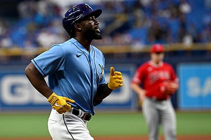 Aug 22, 2022; St. Petersburg, Florida, USA; Tampa Bay Rays right fielder Randy Arozarena (56) celebrates a solo home run in the fifth inning against the Los Angeles Angels  at Tropicana Field. Mandatory Credit: Jonathan Dyer-USA TODAY Sports