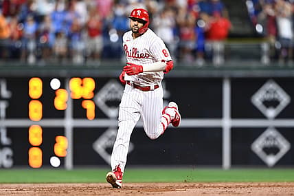 Aug 22, 2022; Philadelphia, Pennsylvania, USA; Philadelphia Phillies right fielder Nick Castellanos (8) rounds the bases after hitting a home run against the Cincinnati Reds in the second inning at Citizens Bank Park. Mandatory Credit: Kyle Ross-USA TODAY Sports
