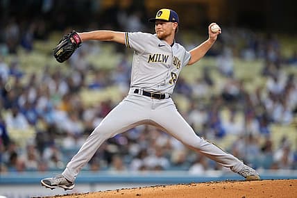 Aug 22, 2022; Los Angeles, California, USA; Milwaukee Brewers starting pitcher Eric Lauer (52) throws in the first inning against the Los Angeles Dodgers at Dodger Stadium. Mandatory Credit: Kirby Lee-USA TODAY Sports