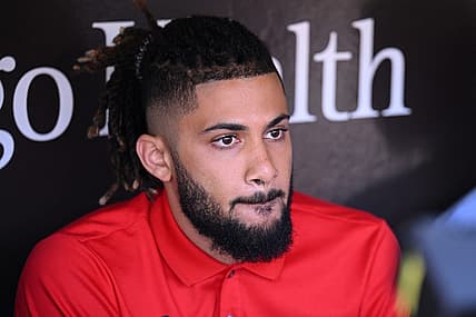 Aug 23, 2022; San Diego, California, USA; San Diego Padres shortstop Fernando Tatis Jr. (23) speak to the media before the game against the Cleveland Guardians at Petco Park. Mandatory Credit: Orlando Ramirez-USA TODAY Sports