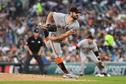 Aug 23, 2022; Detroit, Michigan, USA; San Francisco Giants starting pitcher Carlos Rodon (16) throws a pitch against the Detroit Tigers in the first inning at Comerica Park. Mandatory Credit: Lon Horwedel-USA TODAY Sports